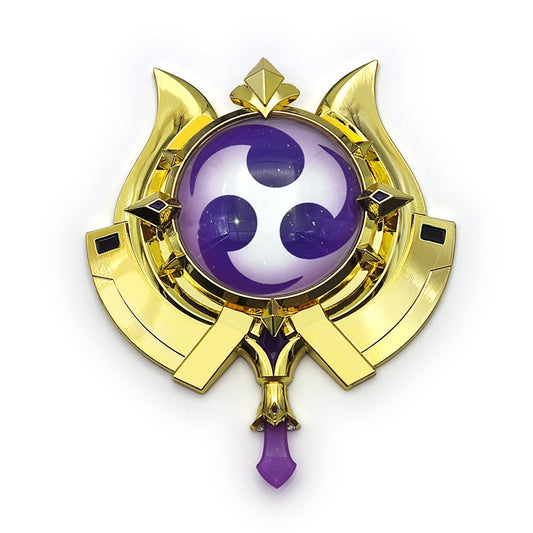 Genshin Impact Scaramouche Mirror: gold, purple three-comma swirl symbol, fantasy ornamental style