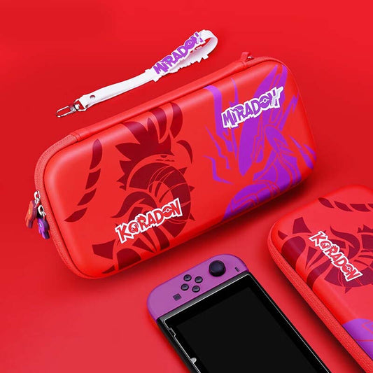 Scarlet and Violet Switch Travel Case: red, purple Koraidon and Miraidon character graphics, cartoon gaming-themed style