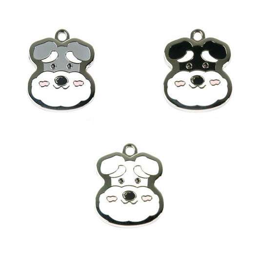 Customizable Schnauzer Dog ID Tags: silver, white cartoon dog face, kawaii cartoon style