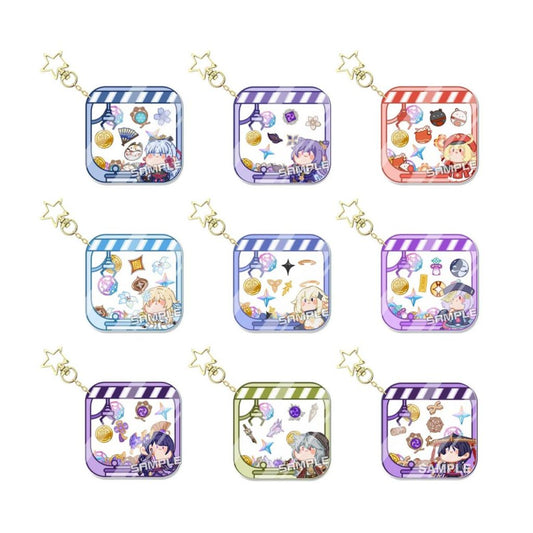 Genshin Impact Character Keychains: Collect Them All!: blue, purple anime-style characters with assorted themed icons, cartoo