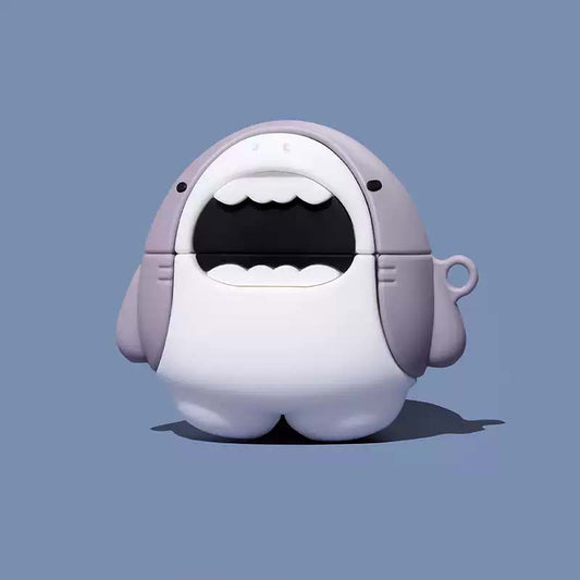 Cute Shark AirPods Pro Case with Protection: white, light lavender cartoon shark-like character, cute cartoon kawaii style