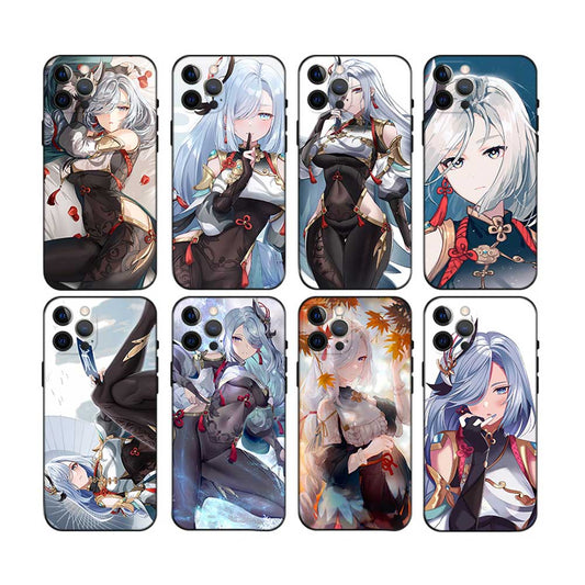 Shenhe Genshin Impact Phone Case: black, white anime-style female characters, anime, fantasy character art style