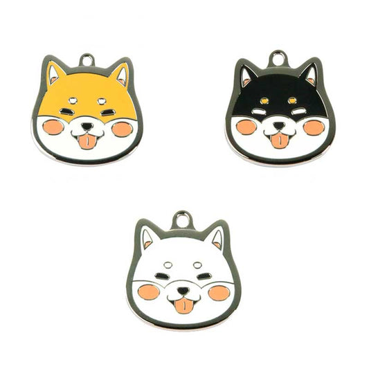 Shiba Dog ID Tags with Engraving: yellow-orange, black Shiba Inu dog character, kawaii cartoon style