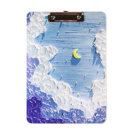 Sky-inspired 3D Clipboard with Grip: light blue, white night sky with crescent moon and clouds, hand-painted textured fantasy