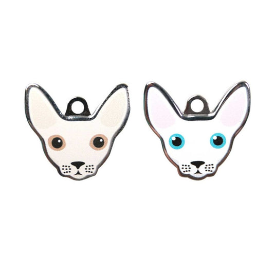 Sphynx Cat ID Tag with Engraving: white, black dog, cartoon style