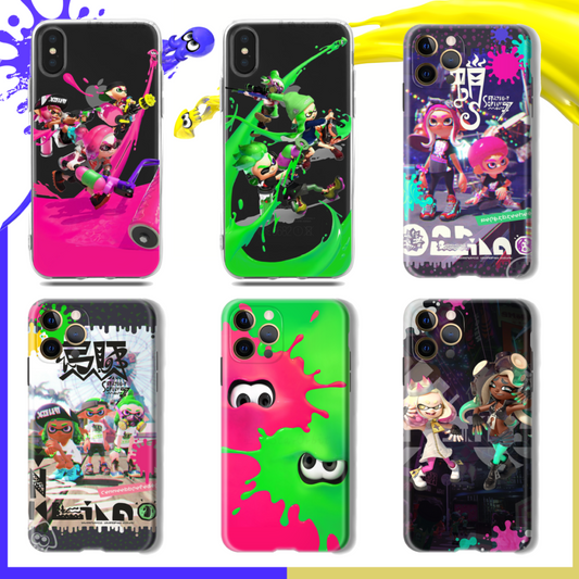 Shock-absorbent Splatoon phone case: black, pink Splatoon video game characters/theme, colorful cartoon gaming style
