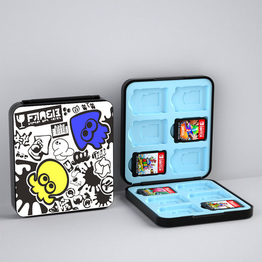 Splatoon Switch Game Holder with Slots: black, white cartoon characters and doodle-style graphics, cartoon, graffiti/doodle