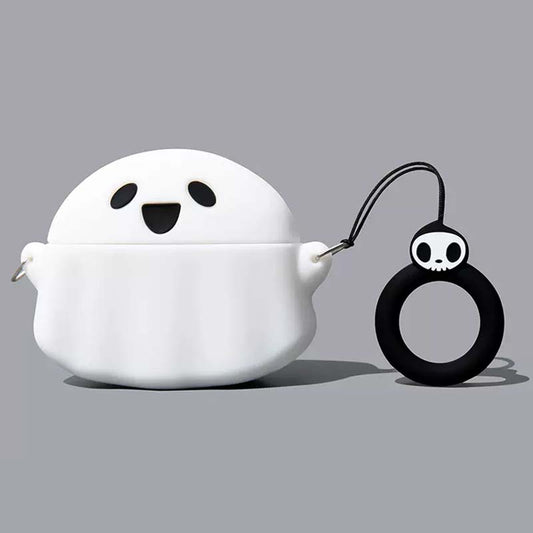 Spooky Ghost AirPods Case with Protection: white, black cute ghost character, kawaii, cartoon style