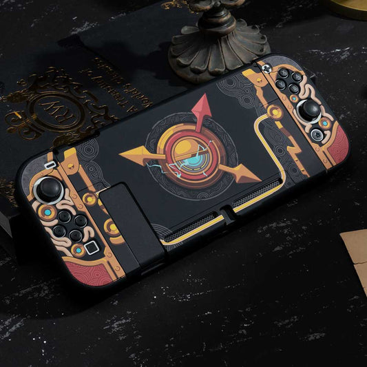 Tears of the Kingdom Purah Pad Switch OLED Case: black, orange abstract retro-futuristic geometric theme, retro-futuristic gr