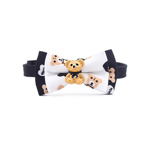 Teddy Bear Pet Collar with Charm: white, black teddy bear, cute cartoon style