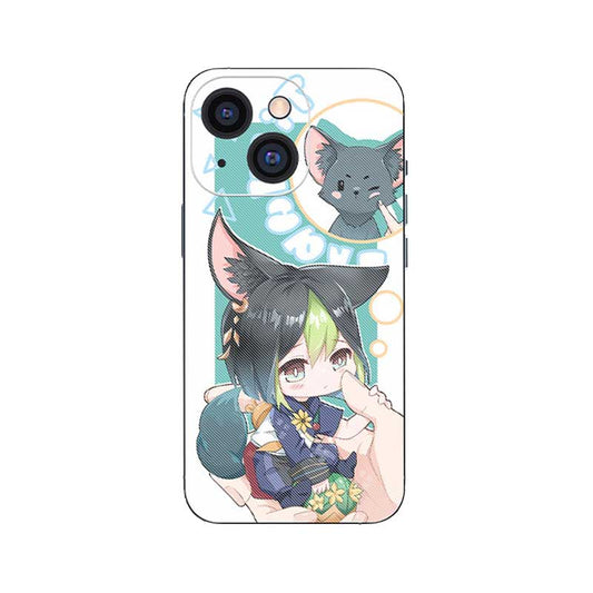 Genshin Impact Phone Cases with Tighnari and Collei: white, teal anime-style cat-eared girl and gray cat, kawaii anime cartoo