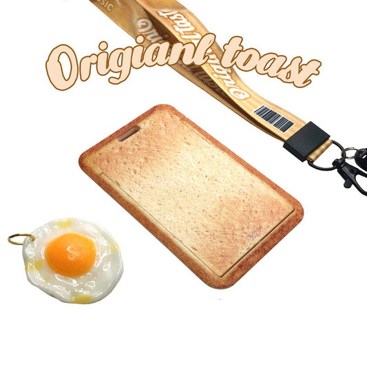 Toast Bread Name Badge Holder with Lanyard: tan, brown toast and fried egg, cartoon food-themed novelty style