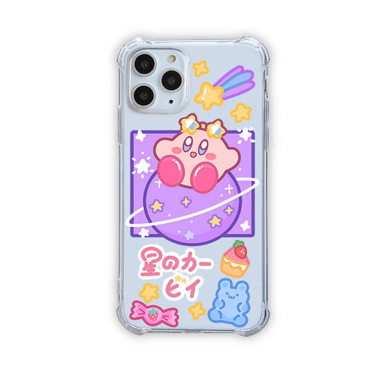 Transparent Kirby Phone Case for Fans: clear, purple Kirby character with stars, planet, shooting star, candy, and bear motif