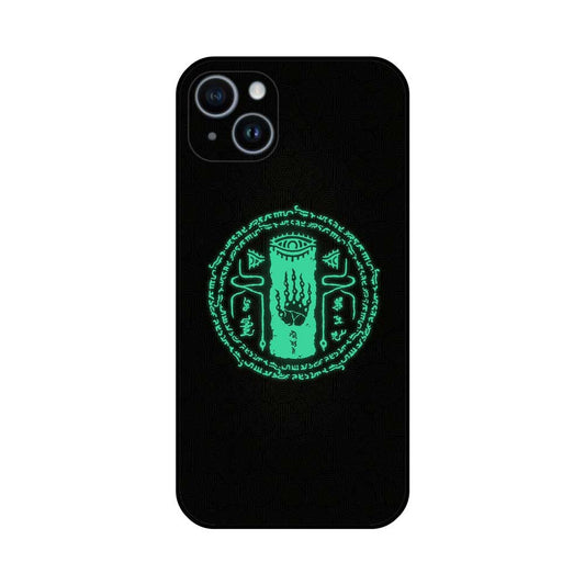 Legend of Zelda TotK Phone Case: black, teal green stylized medieval/fantasy knight helmet emblem, dark fantasy graphic style