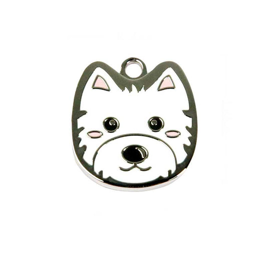 Customizable Dog ID Tag with Engraving: white, black cartoon dog face, kawaii cartoon style