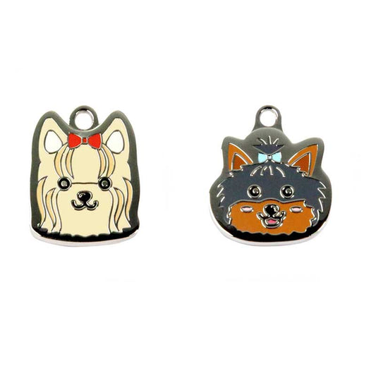 Customizable Yorkshire Terrier Dog ID Tags: cream, black two cartoon dog characters, cartoon kawaii style