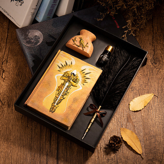 Medieval Feather Pen Set with Journal: black, brown tiger illustration, vintage gothic style