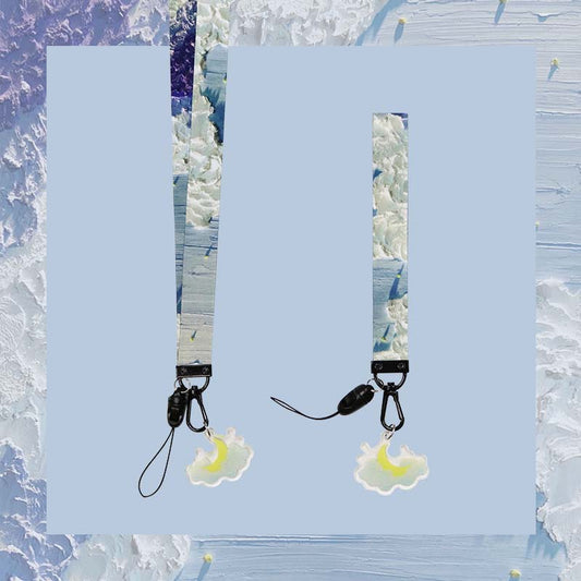 Sky Lanyard Keychains with Cloud Charm: light blue, white clouds, cute cartoon style
