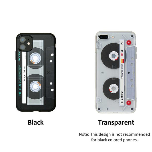 Cassette Phone Case with Retro Design: black, transparent cassette tape, retro style