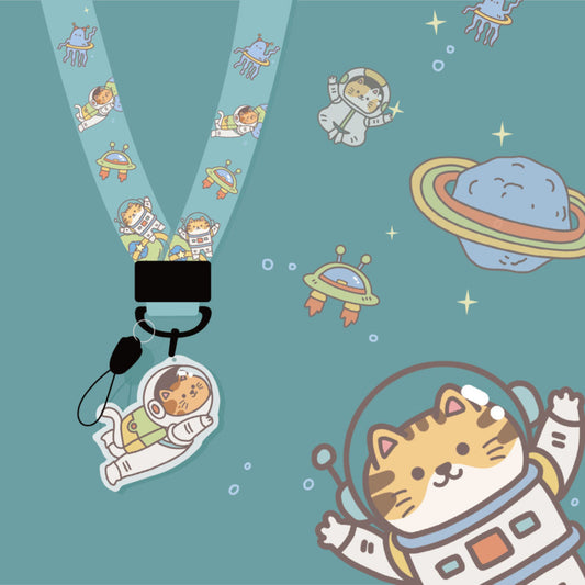 Cute Animal Lanyard with Charm: teal, black cartoon cats in astronaut/space theme, kawaii cartoon style