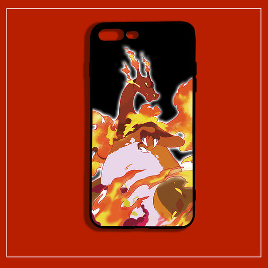 Fire Dragon Phone Case with Unique Design: black, red dragon-like cartoon creature with flames, cartoon fantasy style