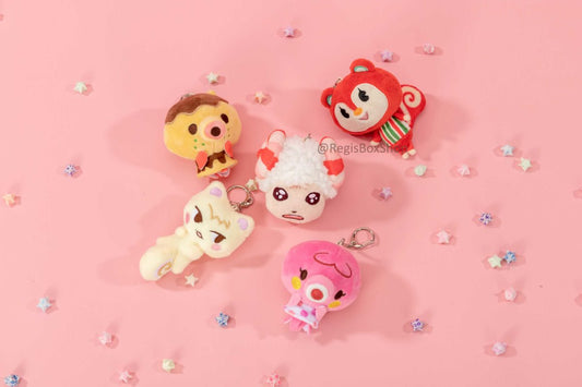 Cute ACNH Plush Keychains Collection: pink, red cartoon animal/character figures, kawaii cartoon style