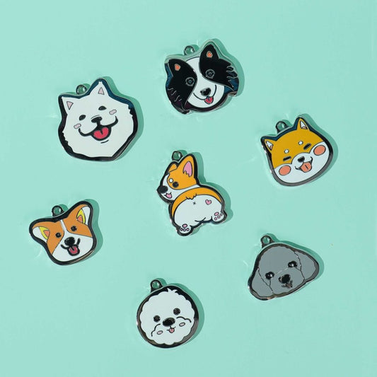 Cute Customizable Dog Face ID Tags: white, black cartoon dogs, kawaii cartoon style