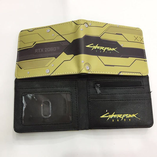 Sci-Fi Wallet for Gamers Gift: black, olive green Cyberpunk 2077 theme, futuristic video game graphic style