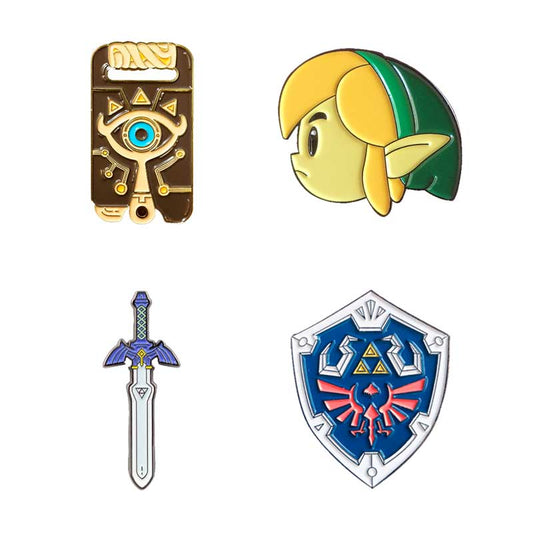 Hand-Painted Legend of Zelda Pins: gold, brown The Legend of Zelda / Link-themed symbols, cartoon gaming-themed enamel pin ar