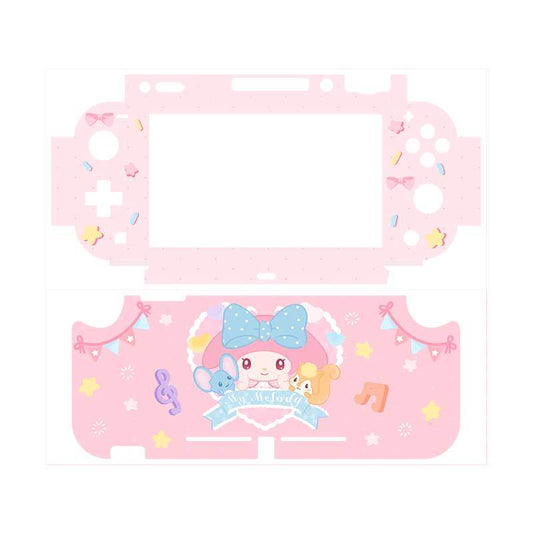 Cute Nintendo Switch Lite Vinyl Skin: pink, white cartoon bunny-like character with blue bow, kawaii cartoon style