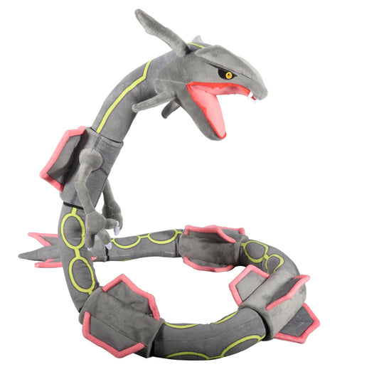 Large Rayquaza Plush Toy for Snuggling: dark gray, black serpent-like fantasy creature, cartoon character plush style